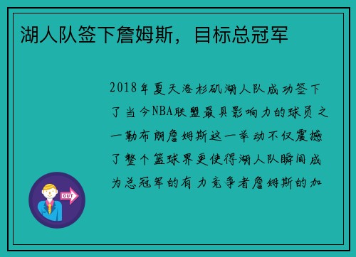 湖人队签下詹姆斯，目标总冠军